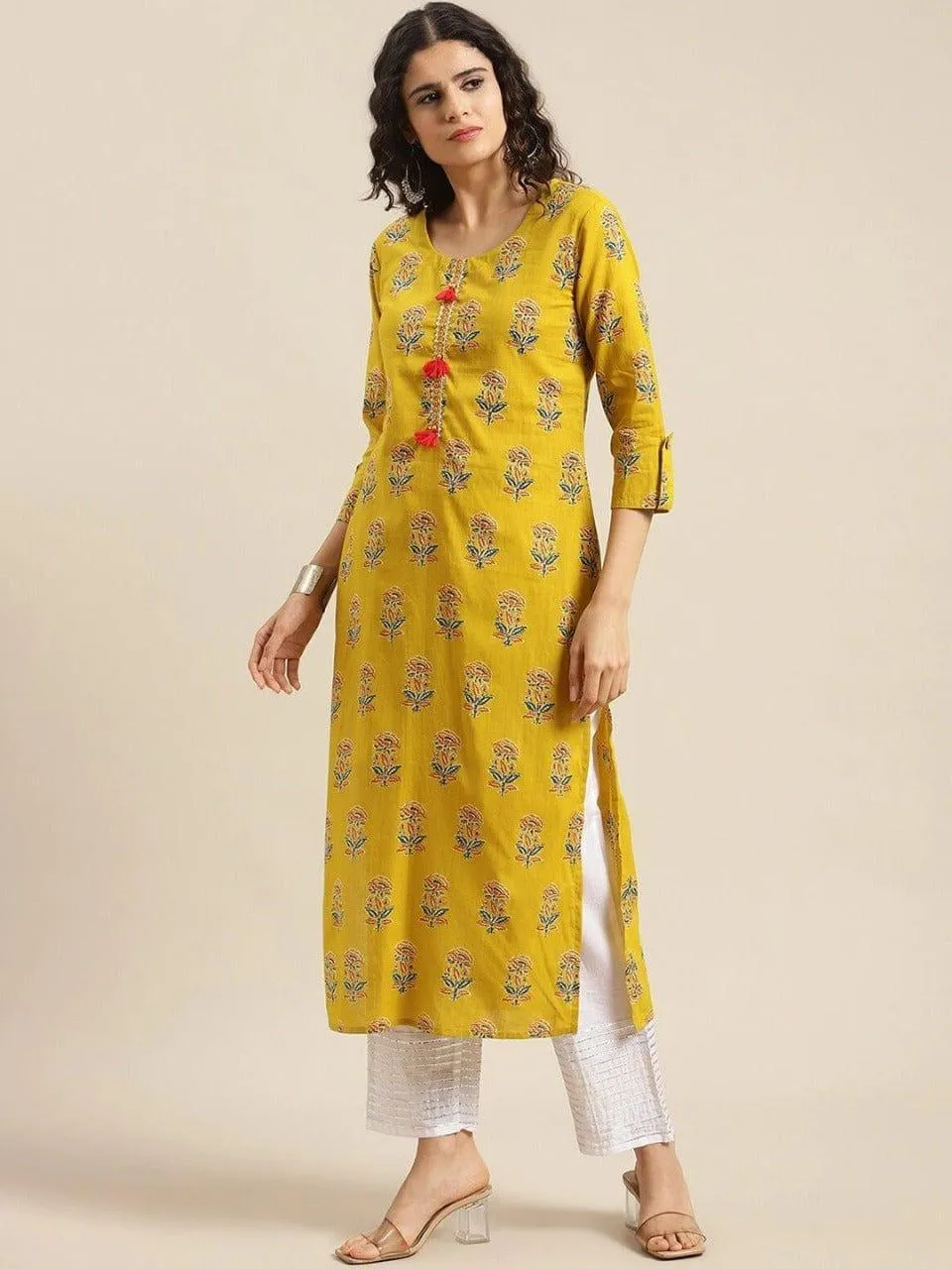 KSUT Women Yellow Geometric Printed Thread Work Kurta