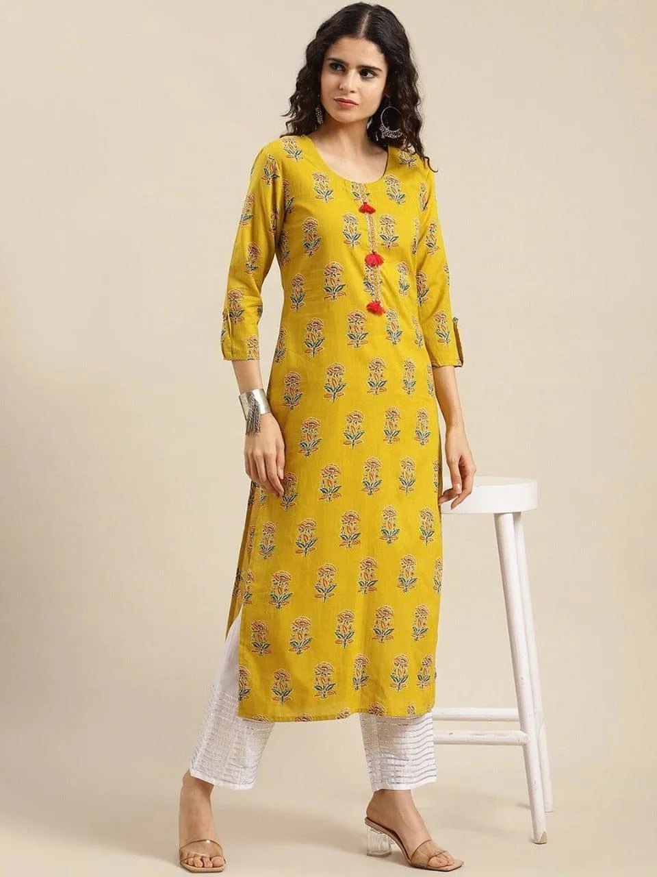 KSUT Women Yellow Geometric Printed Thread Work Kurta