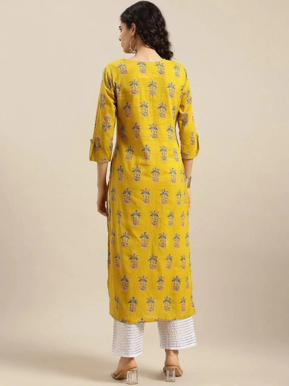 KSUT Women Yellow Geometric Printed Thread Work Kurta