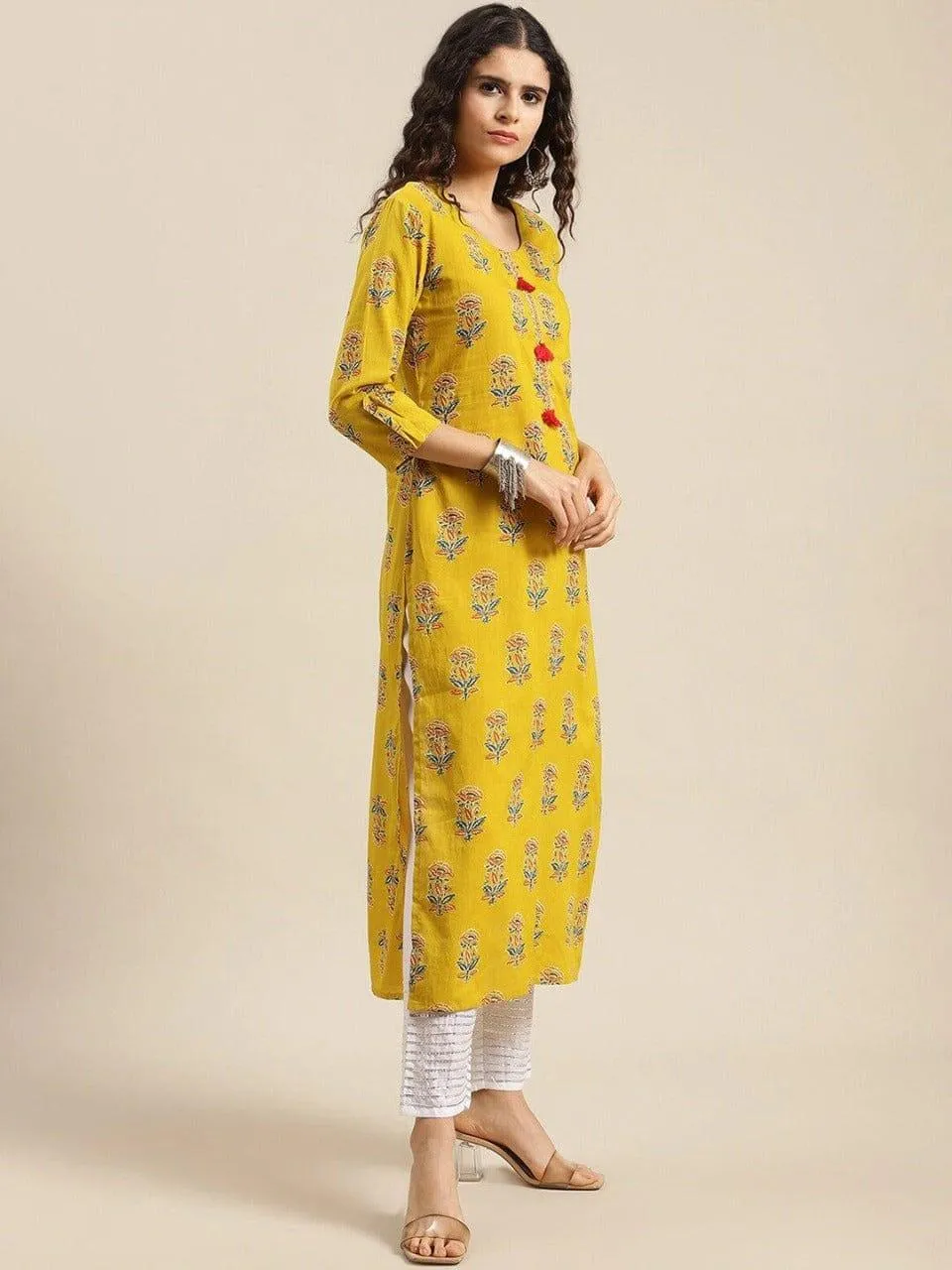 KSUT Women Yellow Geometric Printed Thread Work Kurta