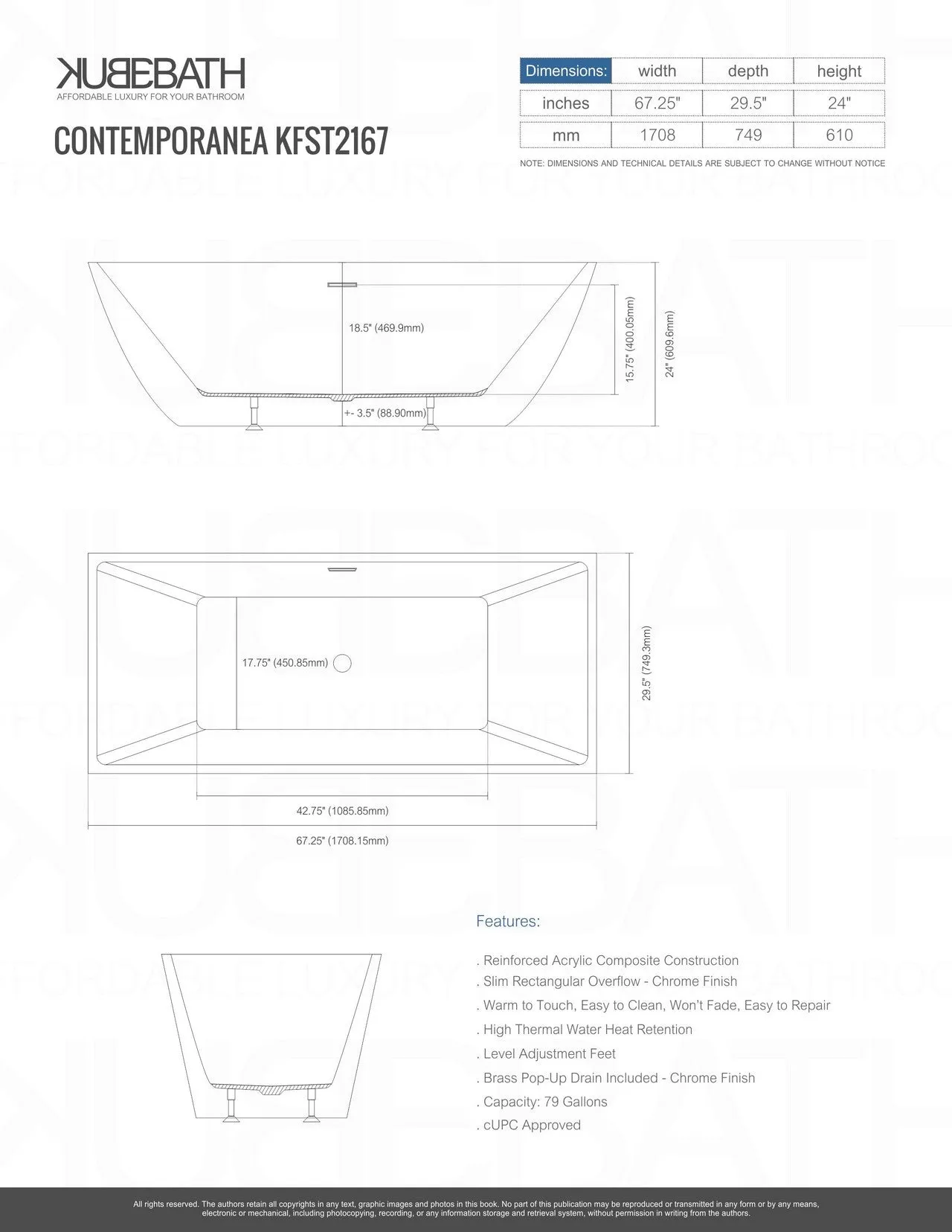 Kube Contemporanea 67'' White Free Standing Bathtub