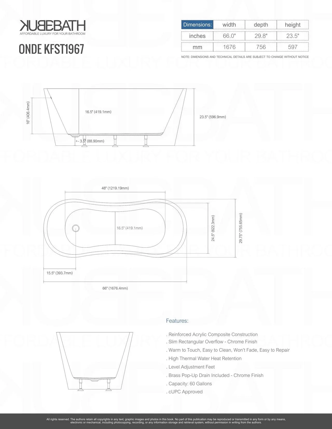 Kube Onde 67'' White Free Standing Bathtub