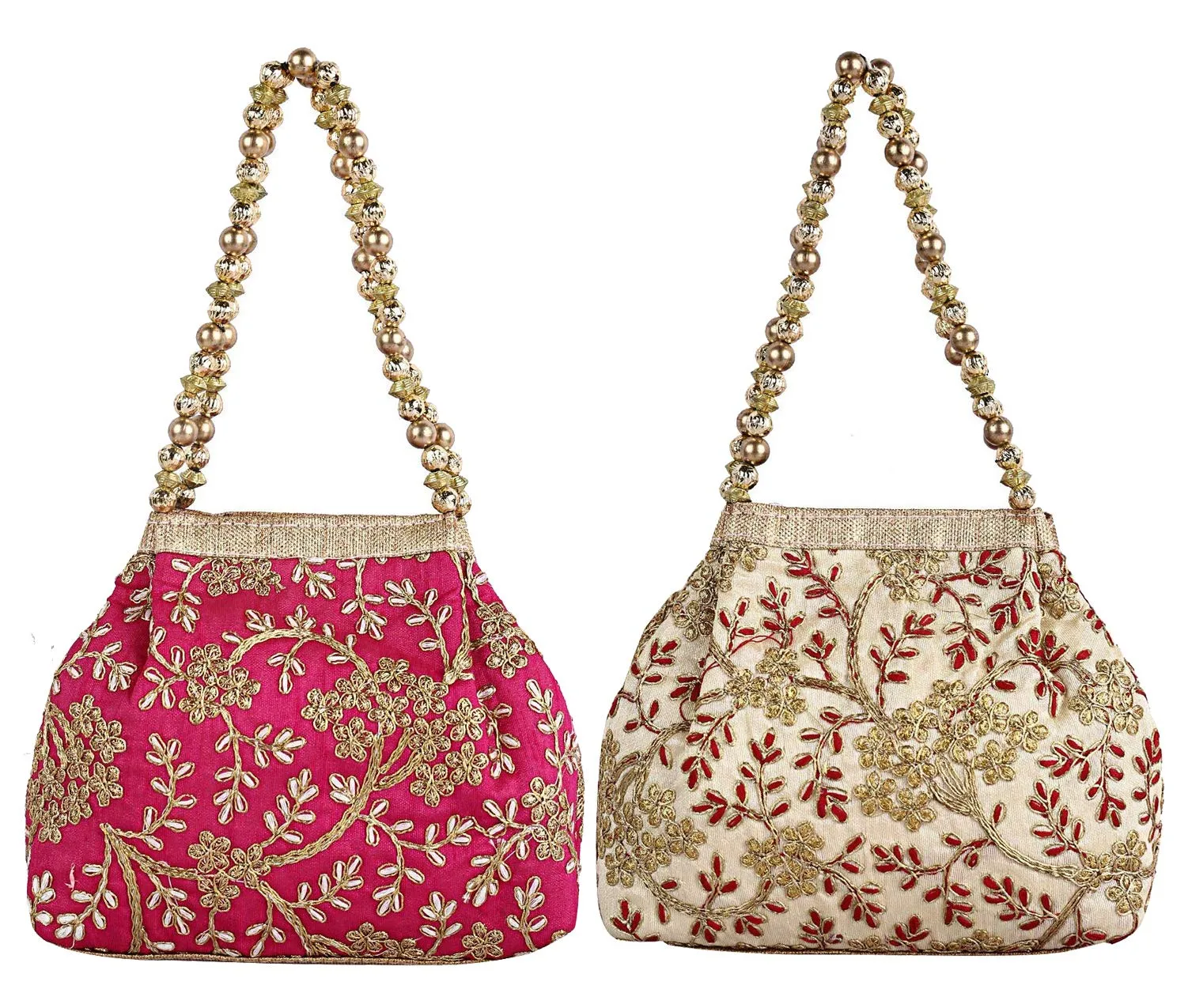 Kuber Industries 2 Pieces Polyester Embroidered Woman Potli Bag, Pink & Cream - CTKTC031402