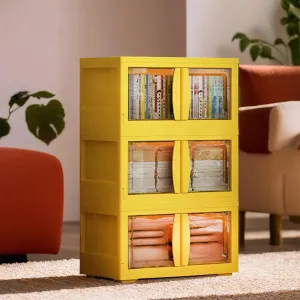 Kuber Industries 3-Layer Double Door Almirah for Clothes - Collapsible & Foldable Dress Racks/Plastic Cupboard for Storage - Yellow