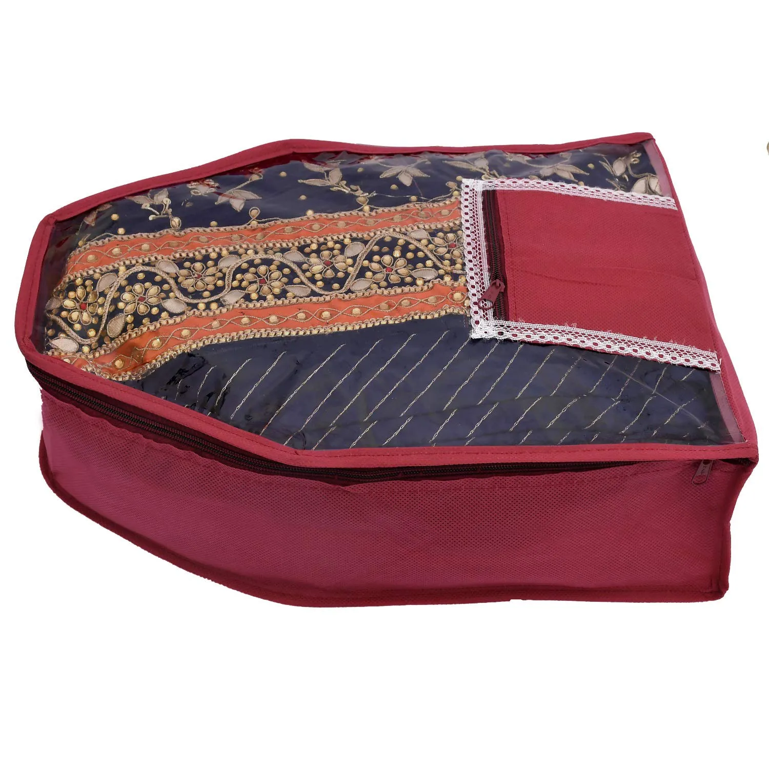 Kuber Industries 3 Piece Non Woven Blouse Cover with Front Transparent Window with Attached Pocket Set (Maroon)