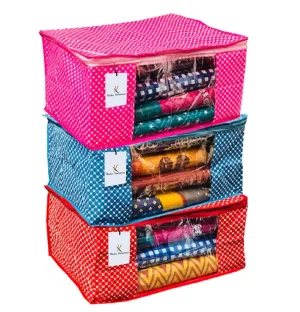 Kuber Industries 3 Pieces Quilted Polka Dots Cotton Saree Cover Set, Red, Pink and Purple