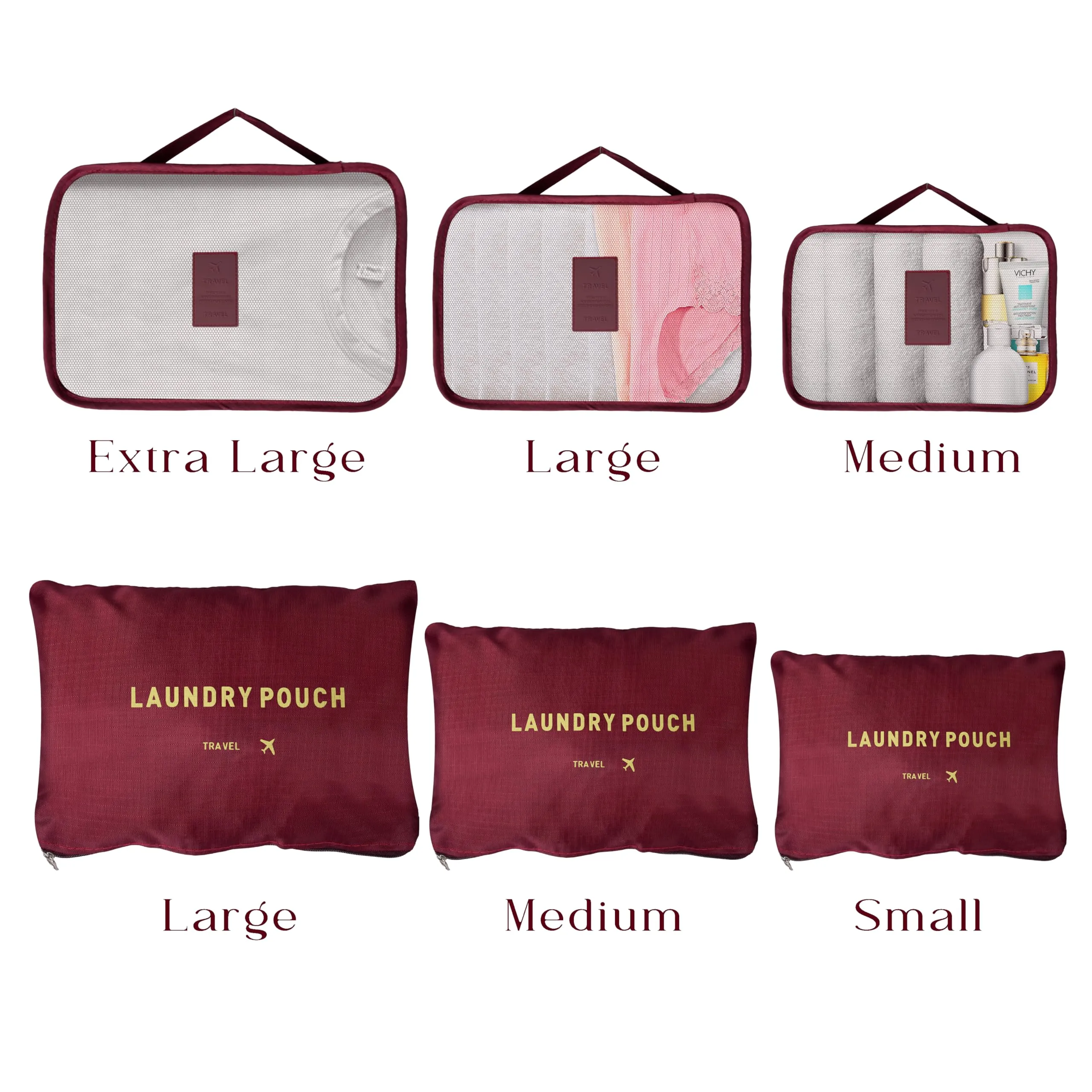 Kuber Industries 36 Pcs Travel Luggage Bag | Toiletry Bag for Jewellery-Watches-Bracelets | Multi-Purpose Storage Bag with Handle | Travel Utility Storage Pouches | LYN16-MRO | Maroon| Pack of 6