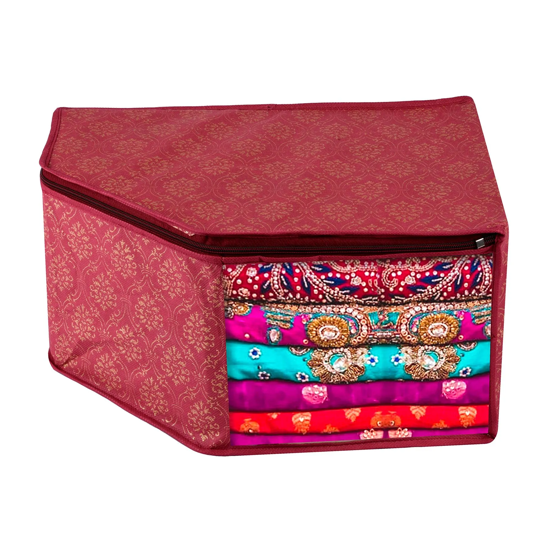 Kuber Industries Blouse Cover | Clothes Storage Bag | Zipper Closure Wardrobe Organizers | Clothes Organizer with Transparent Window | Golden-Printed Clothes Bag | Pack of 3 | Maroon