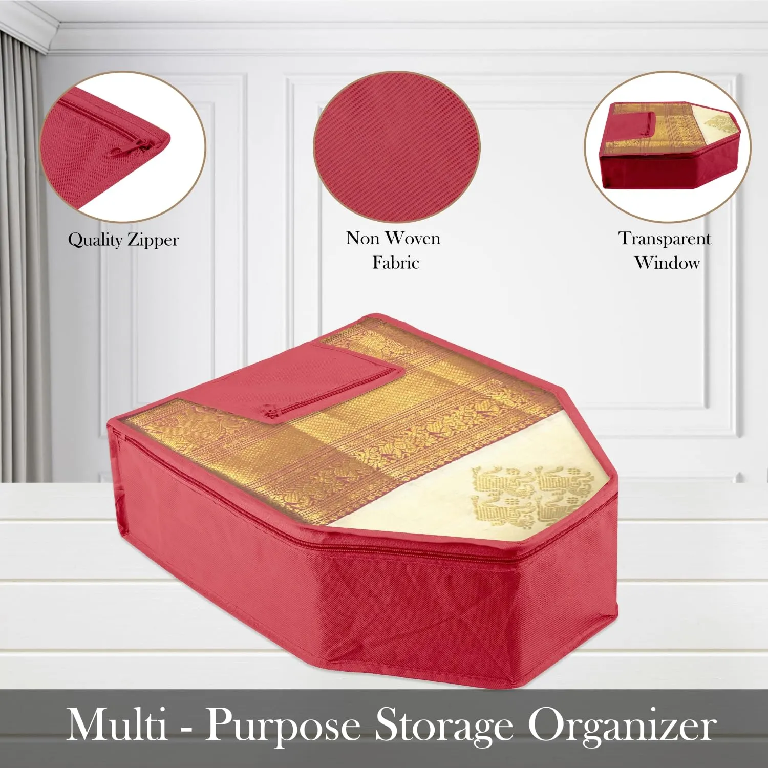 Kuber Industries Blouse Cover | Clothes Storage Bag | Zipper Wardrobe Organizers | Clothes Organiser with Attached Pocket | Non-Woven Front Transparent Blouse Cover | Pack of 3 | Maroon