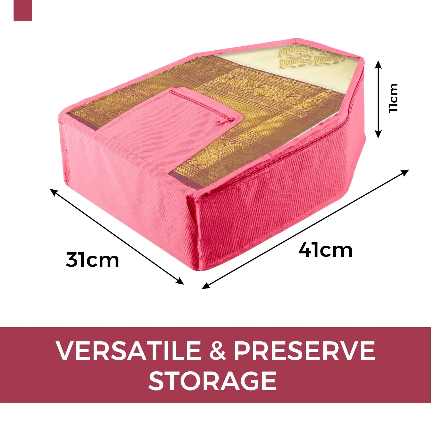 Kuber Industries Blouse Cover | Clothes Storage Bag | Zipper Wardrobe Organizers | Clothes Organiser with Attached Pocket | Non-Woven Front Transparent Blouse Cover | Pack of 6 | Pink