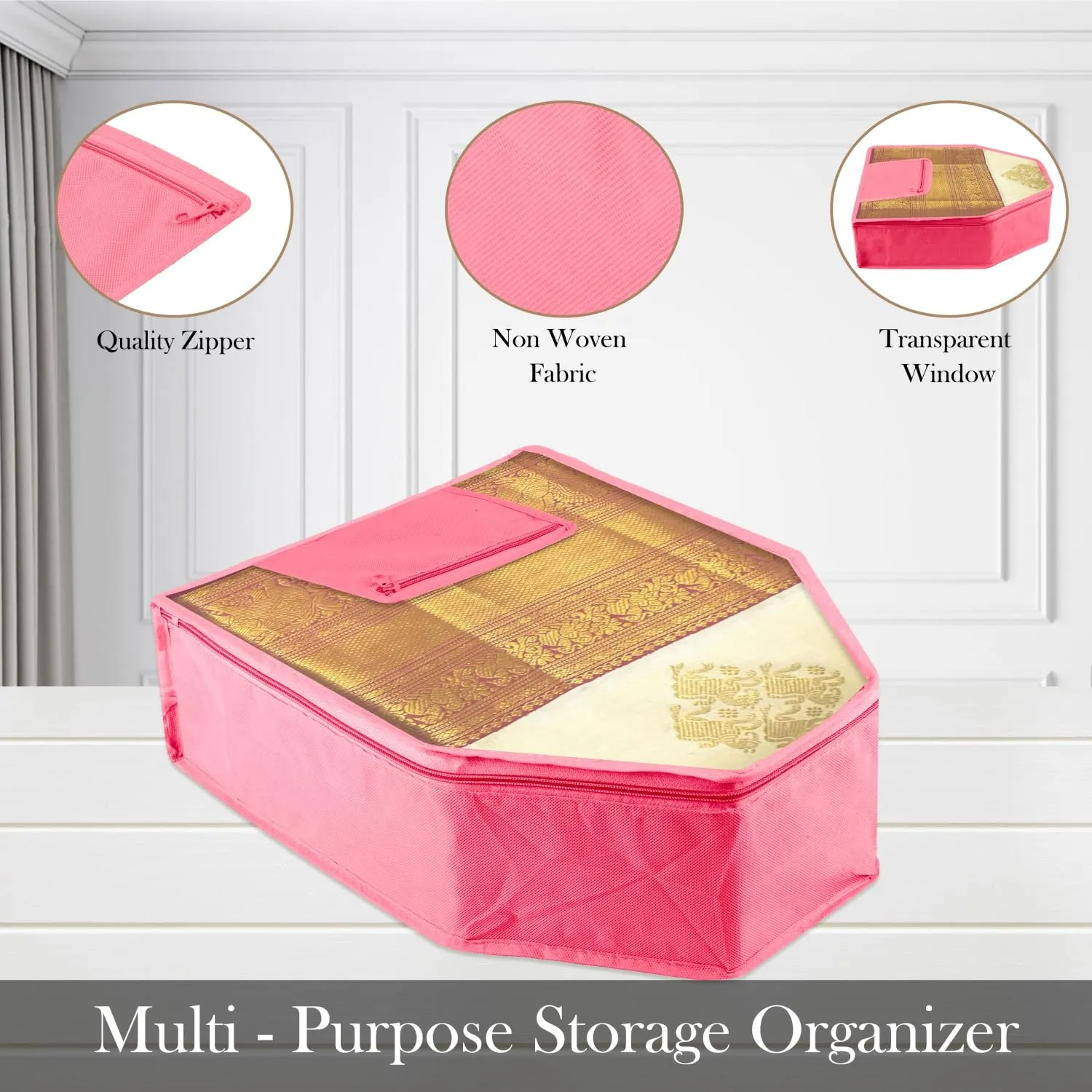 Kuber Industries Blouse Cover | Clothes Storage Bag | Zipper Wardrobe Organizers | Clothes Organiser with Attached Pocket | Non-Woven Front Transparent Blouse Cover | Pack of 6 | Pink