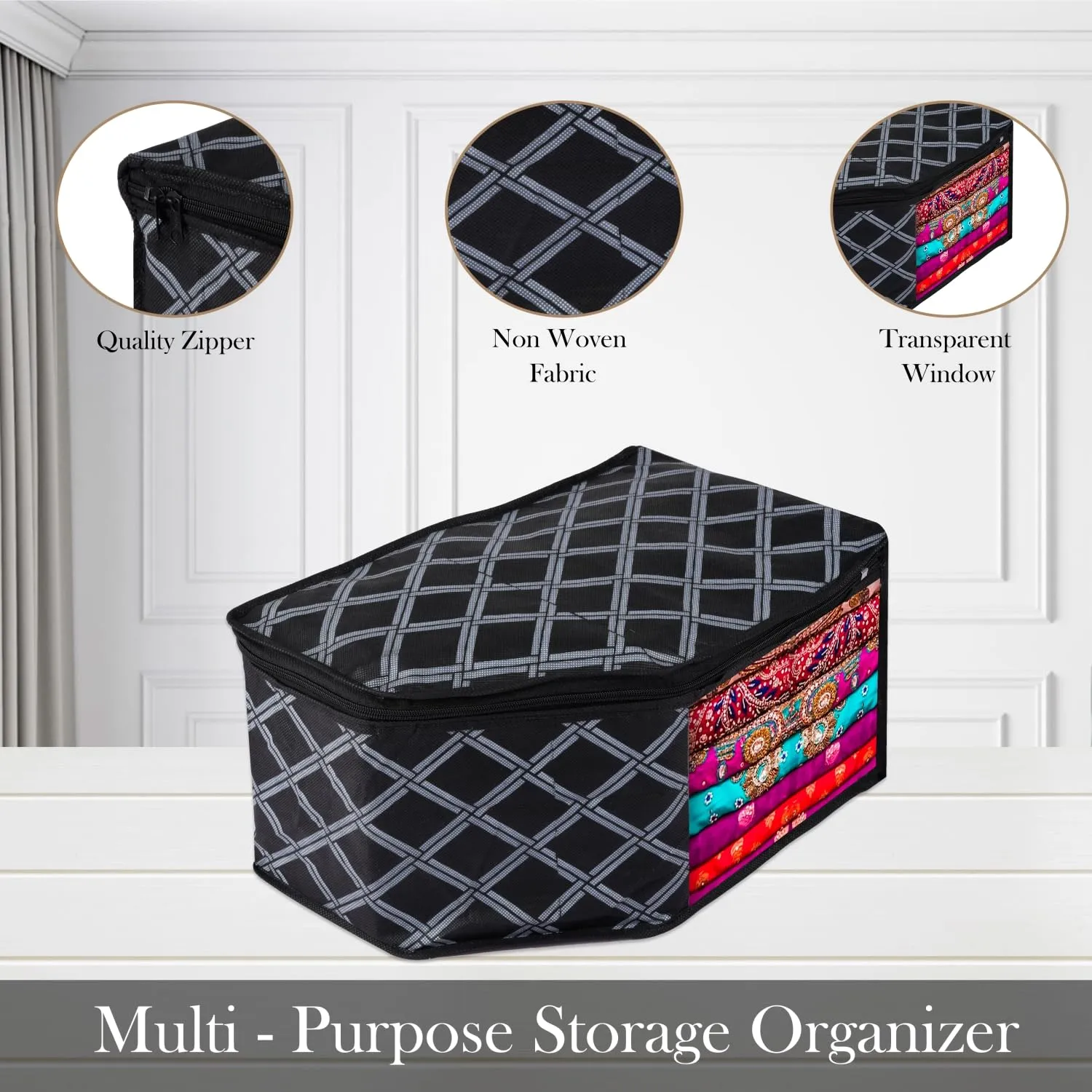 Kuber Industries Blouse Cover | Clothes Storage Bag | Zipper Wardrobe Organizers | Non-Woven Clothes Organiser | Side Transparent Blouse Organizer | Check-Design | Pack of 12 | Black