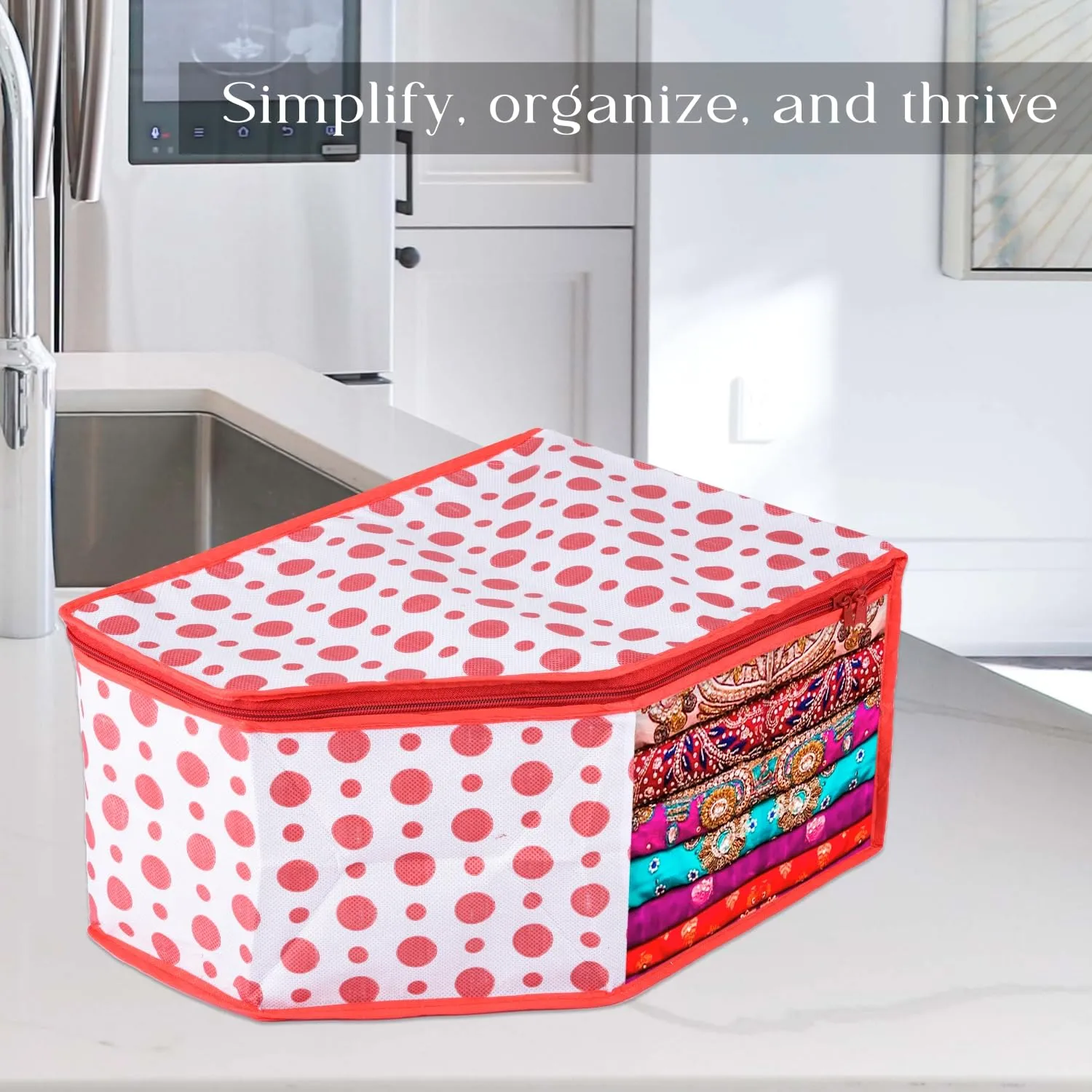 Kuber Industries Blouse Cover | Clothes Storage Bag | Zipper Wardrobe Organizers | Non-Woven Clothes Organiser | Side Transparent Blouse Organizer | Dot-Design | Pack of 9 | Red