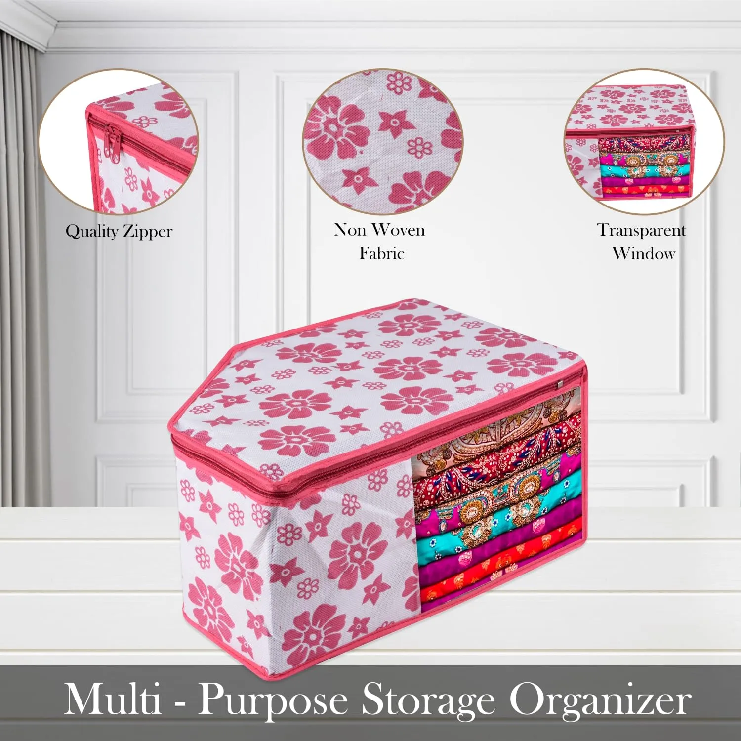 Kuber Industries Blouse Cover | Clothes Storage Bag | Zipper Wardrobe Organizers | Non-Woven Clothes Organiser | Side Transparent Blouse Organizer | Flower-Design | Pack of 6 | Pink