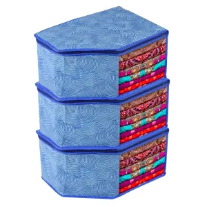 Kuber Industries Blouse Cover | Clothes Storage Bag | Zipper Wardrobe Organizers | Non-Woven Clothes Organiser | Side Transparent Blouse Organizer | Lahariya-Design | Pack of 3 | Blue