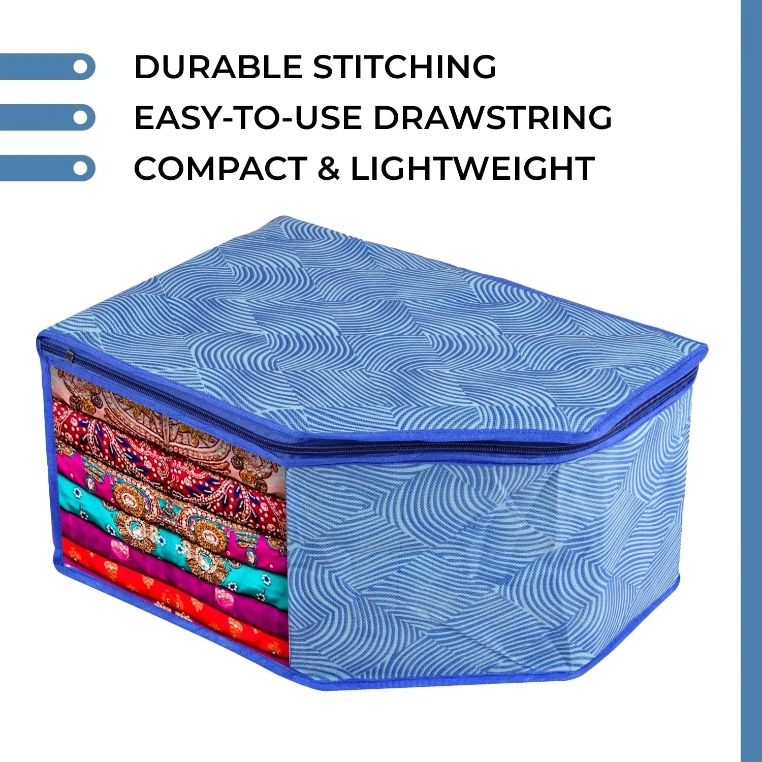 Kuber Industries Blouse Cover | Clothes Storage Bag | Zipper Wardrobe Organizers | Non-Woven Clothes Organiser | Side Transparent Blouse Organizer | Lahariya-Design | Pack of 3 | Blue