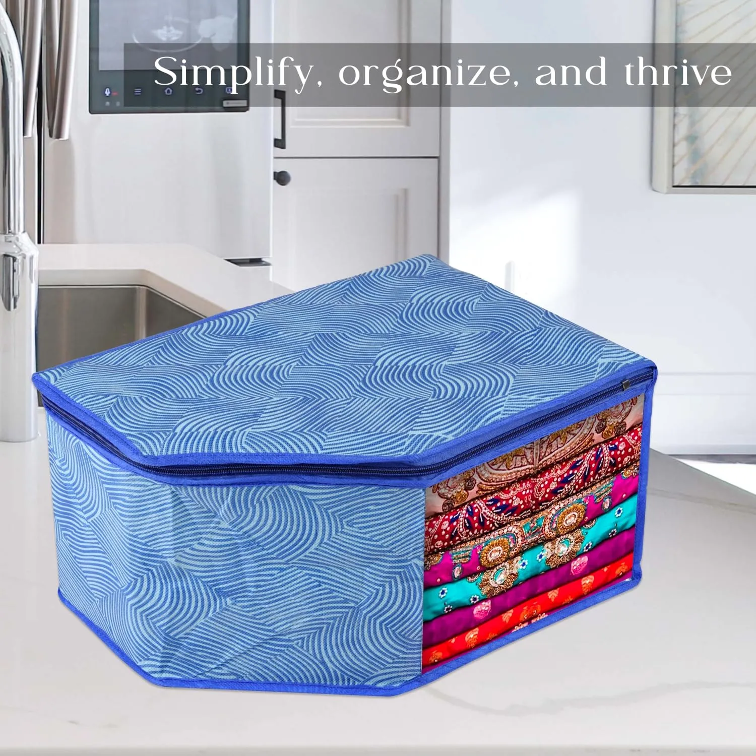 Kuber Industries Blouse Cover | Clothes Storage Bag | Zipper Wardrobe Organizers | Non-Woven Clothes Organiser | Side Transparent Blouse Organizer | Lahariya-Design | Pack of 3 | Blue