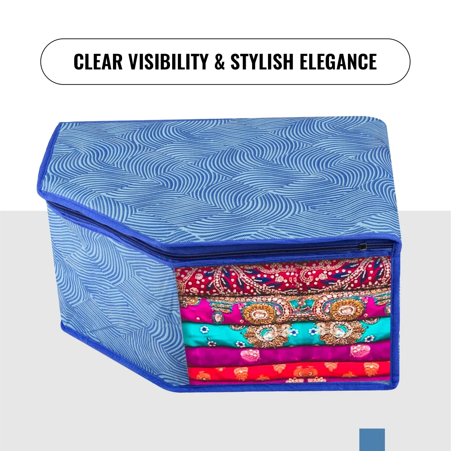 Kuber Industries Blouse Cover | Clothes Storage Bag | Zipper Wardrobe Organizers | Non-Woven Clothes Organiser | Side Transparent Blouse Organizer | Lahariya-Design | Pack of 3 | Blue