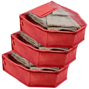 Kuber Industries Blouse Cover | Non Woven Foldable Wardrobe Organizer For Woman | Cloth Organizer Top Transparent & One Small Pocket | Pack of 3 | Red