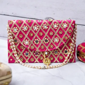 Kuber Industries Clutch Purse | Hand Purse | Ladies Hand Purse with Handle | Traditional Shagun Purse | Baby Shower Purse | Gifting Clutch Purse | Mirror Check Purse | Pink