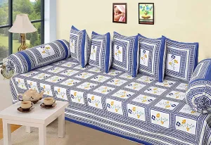 Kuber Industries Cotton Diwan Set for Living Room, Kids Room, Nursery Room with Floral Design, Set of 8 Pieces (Blue)