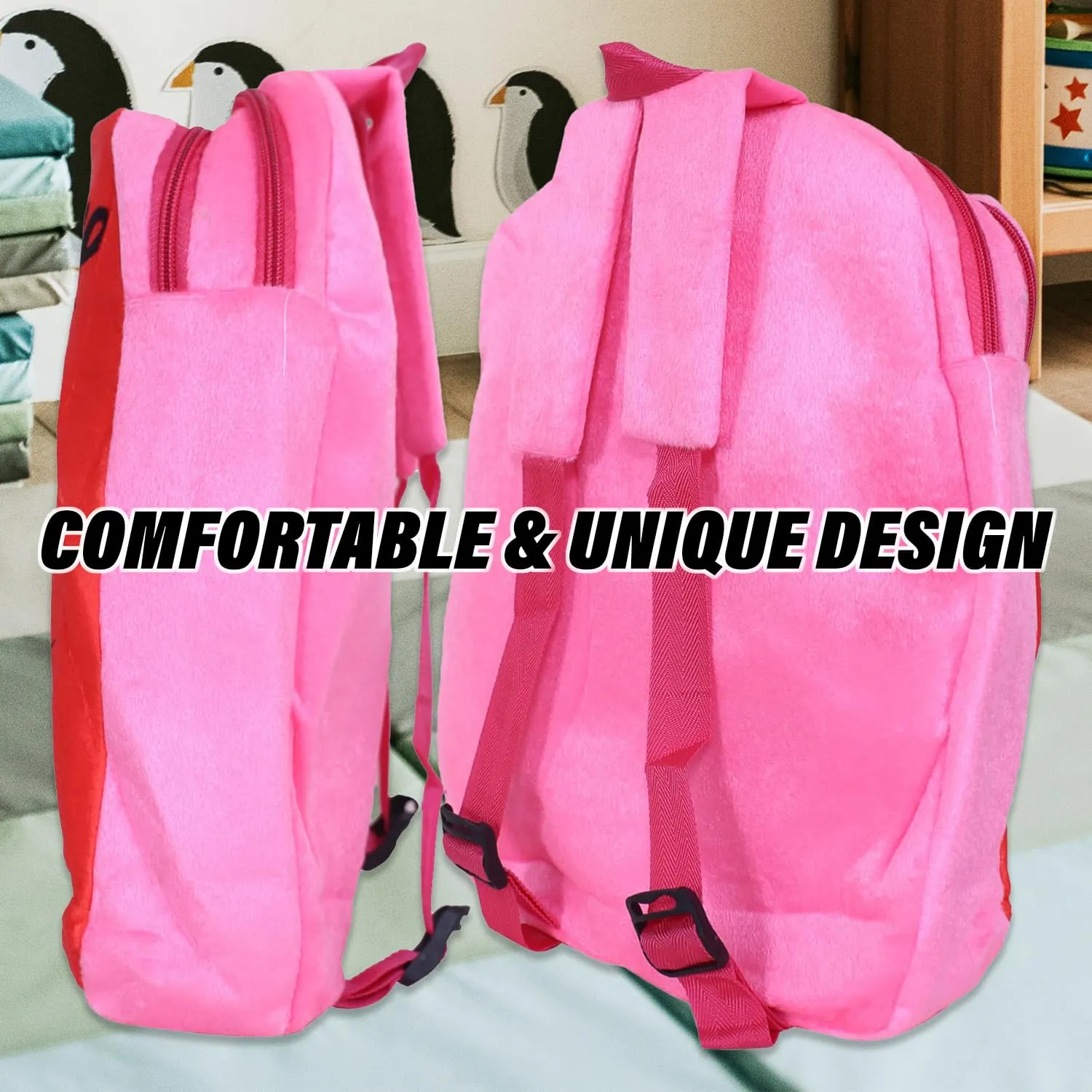 Kuber Industries Disney Mickey Backpack | 2 Compartment Velvet School Bag | School Bag for Kids | Kids School Backpack | Backpack for School | Pink