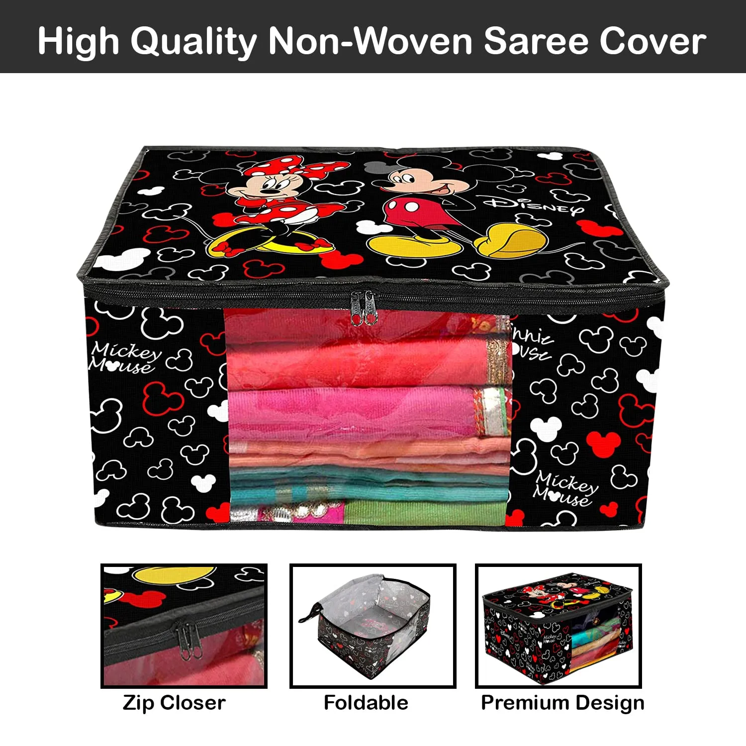 Kuber Industries Disney Mickey Saree Cover|Non-Woven Foldable Clothes Bag|Transparent Window Wardrobe Organizer|Extra Large|Pack of 3 (Black)