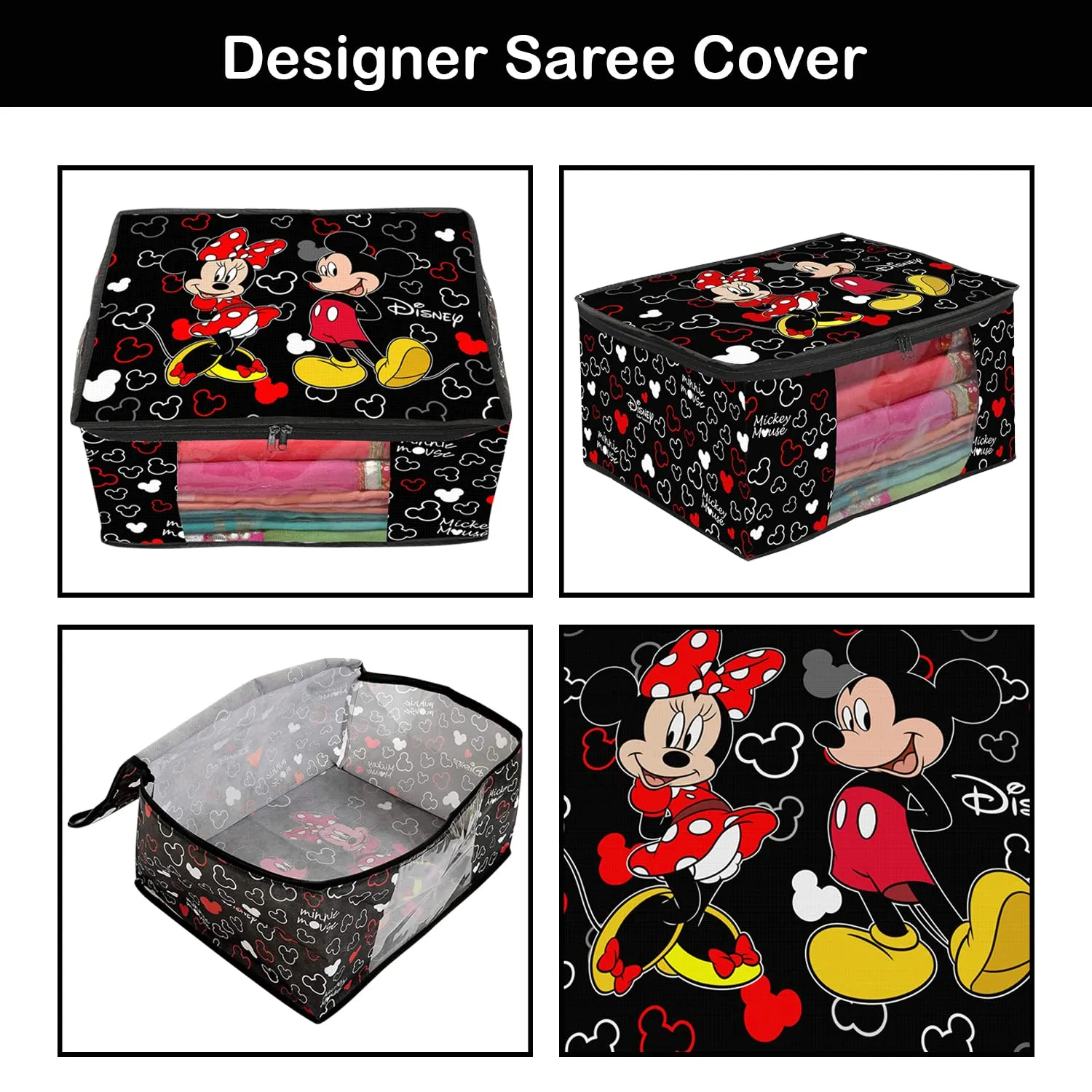 Kuber Industries Disney Mickey Saree Cover|Non-Woven Foldable Clothes Bag|Transparent Window Wardrobe Organizer|Extra Large|Pack of 3 (Black)