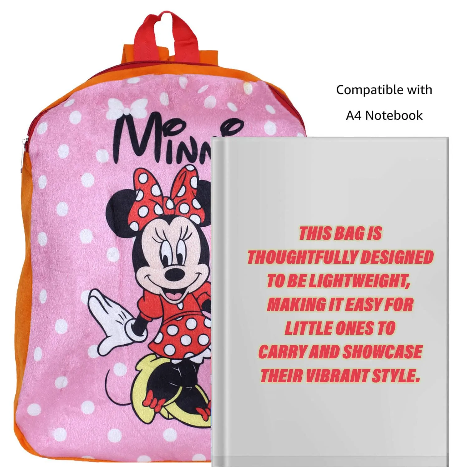 Kuber Industries Disney Minnie Backpack | 2 Compartment Velvet School Bag | Dot Print School Bag for Kids | Kids School Backpack | Backpack for School | Orange