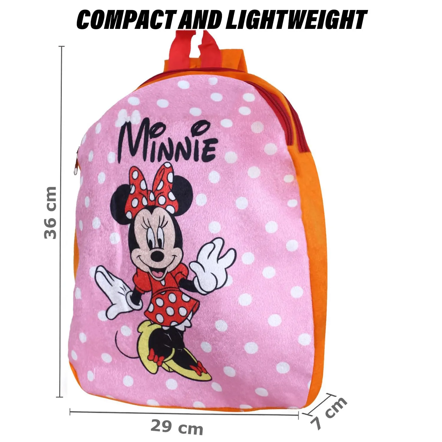 Kuber Industries Disney Minnie Backpack | 2 Compartment Velvet School Bag | Dot Print School Bag for Kids | Kids School Backpack | Backpack for School | Orange