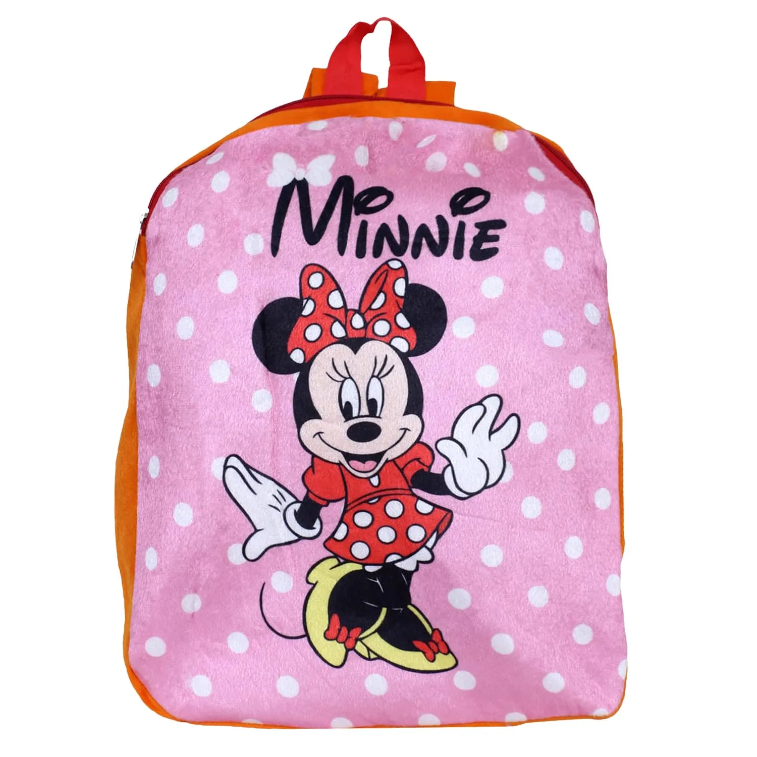 Kuber Industries Disney Minnie Backpack | 2 Compartment Velvet School Bag | Dot Print School Bag for Kids | Kids School Backpack | Backpack for School | Orange