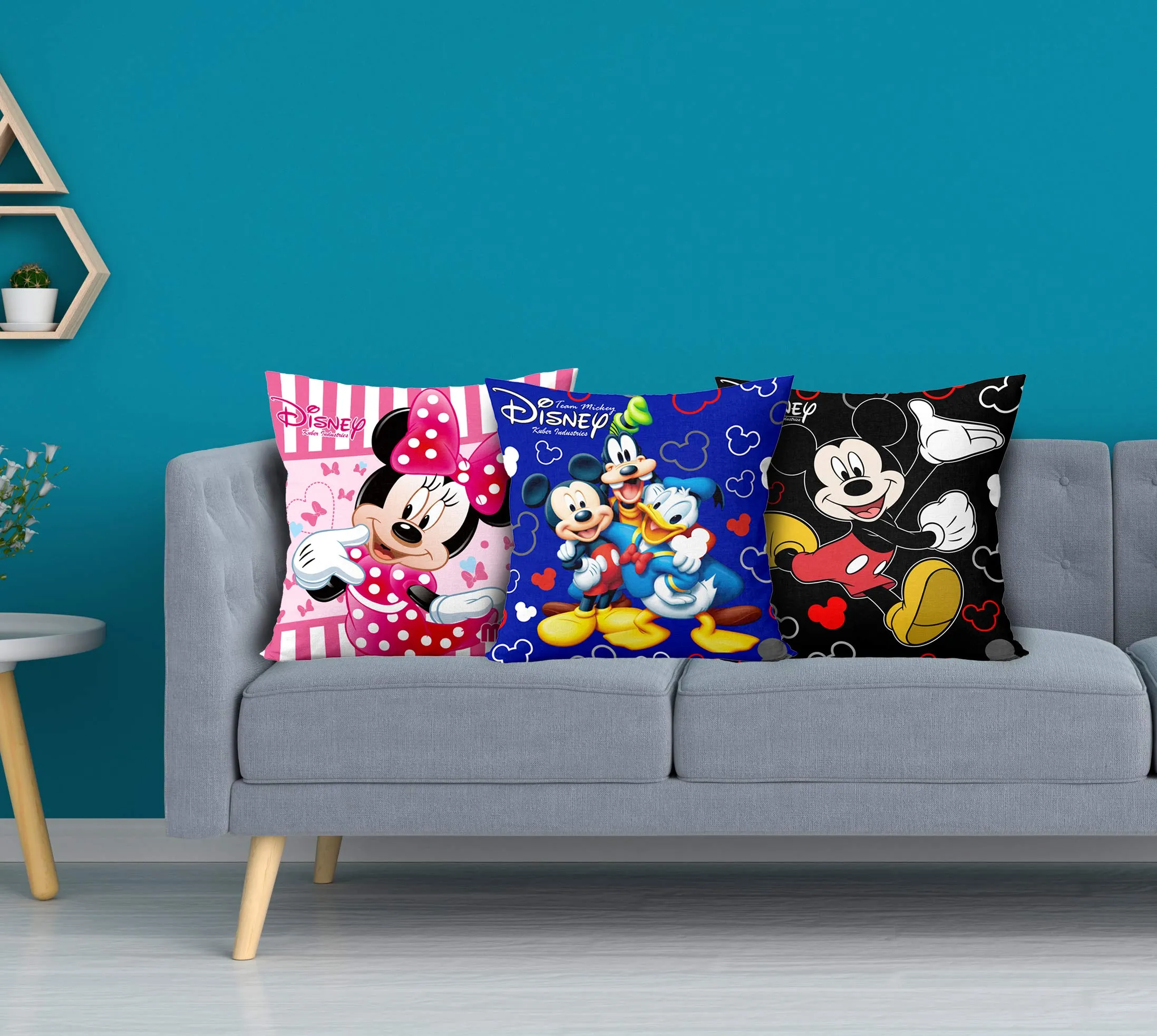 Kuber Industries Disney Team Minnie Mickey Print Silk Special Long Crush Cushion Covers (16"x16") Set of 3, Royal Blue & Pink & Black-KUBMART9998