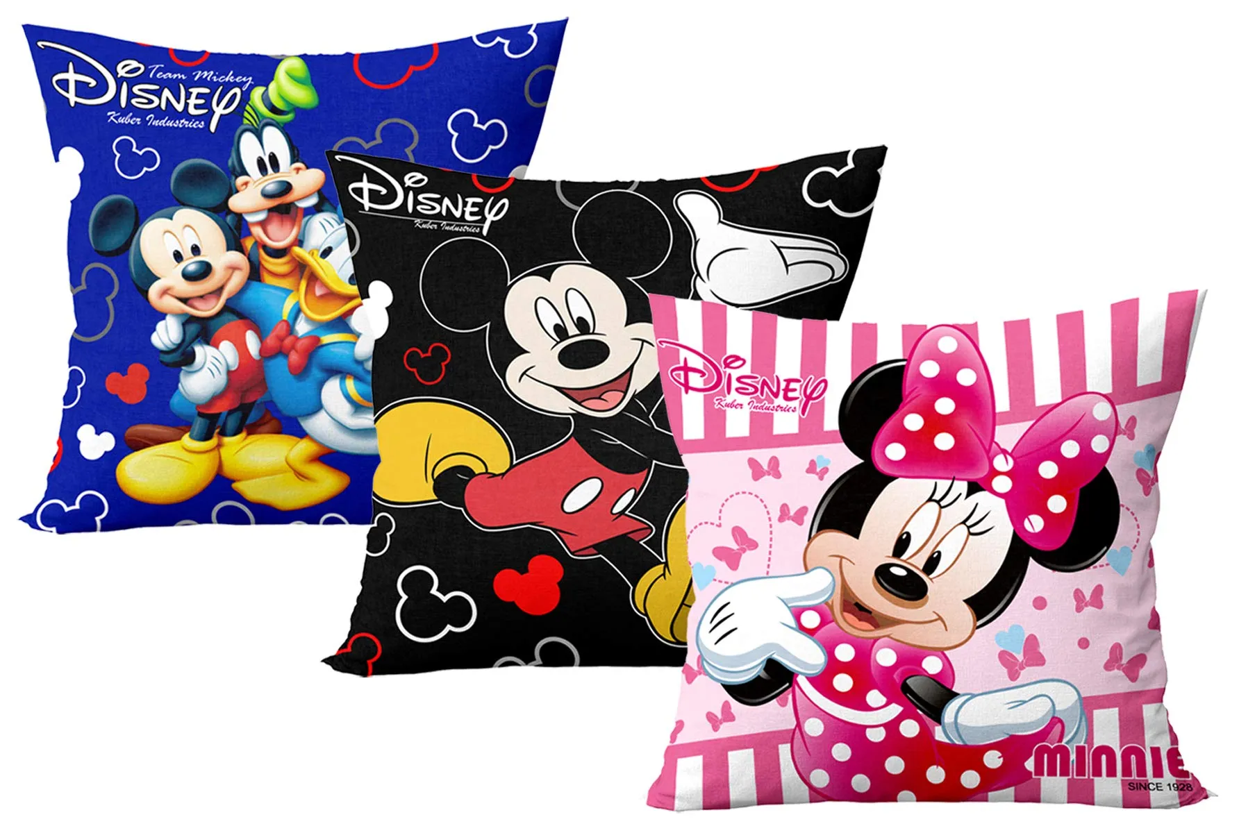 Kuber Industries Disney Team Minnie Mickey Print Silk Special Long Crush Cushion Covers (16"x16") Set of 3, Royal Blue & Pink & Black-KUBMART9998