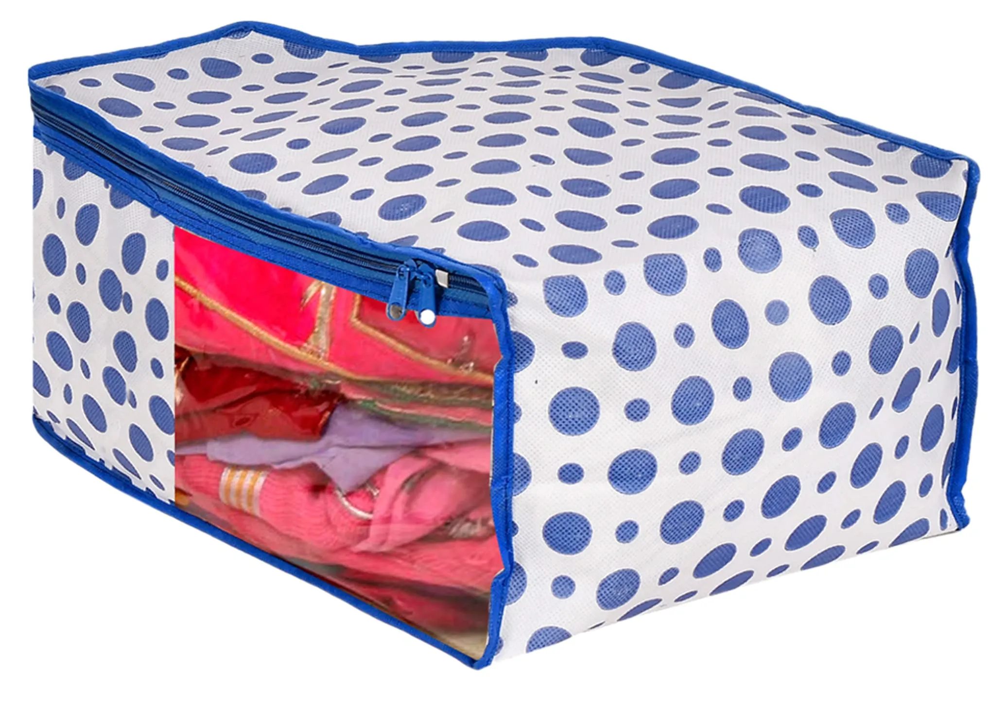 Kuber Industries Dot Printed Foldable, Lightweight Non-Woven Blouse Cover/Organizer With Tranasparent Window- Pack of 6 (Blue)-46KM0309