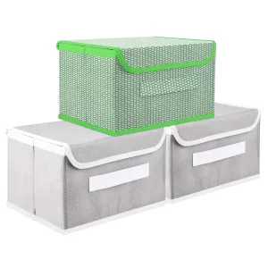 Kuber Industries Drawer Storage Box | Foldable Dhakkan Storage Box | Non-Woven Clothes Organizer For Toys | Storage Box with Handle | Large | Pack of 3 | Green & Gray