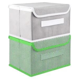 Kuber Industries Drawer Storage Box | Foldable Dhakkan Storage Box | Non-Woven Clothes Organizer For Toys | Storage Box with Handle | Small | Pack of 2 | Green & Gray