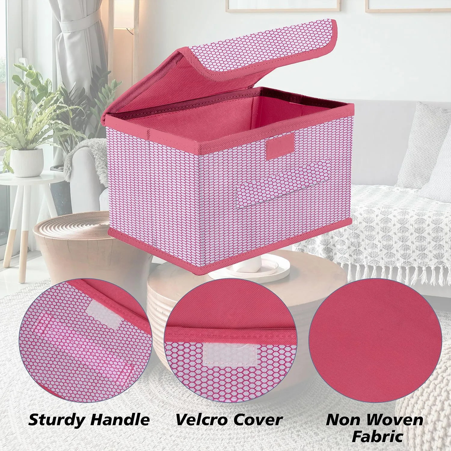 Kuber Industries Drawer Storage Box | Zig Zag Dhakkan Storage Box | Non-Woven Clothes Organizer | Storage Box with Handle | S | L | Pack of 2 | Pink