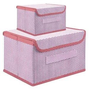 Kuber Industries Drawer Storage Box | Zig Zag Dhakkan Storage Box | Non-Woven Clothes Organizer | Storage Box with Handle | S | L | Pack of 2 | Pink