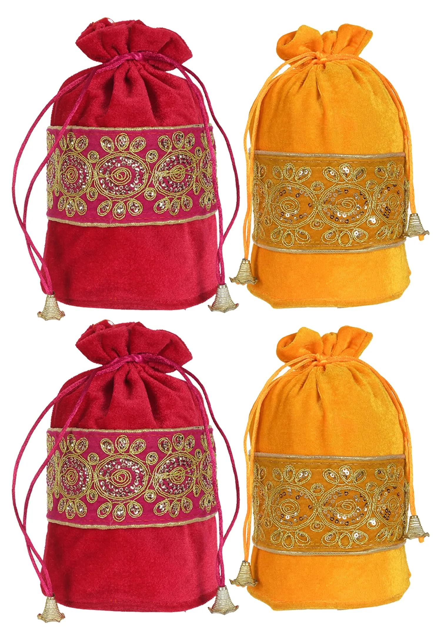 Kuber Industries Embroidered Design Drawstring Potli Bag Party Wedding Favor Gift Jewelry Bags-Pack of 4 (Pink & Yellow)