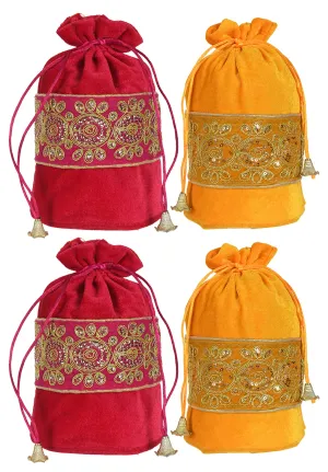 Kuber Industries Embroidered Design Drawstring Potli Bag Party Wedding Favor Gift Jewelry Bags-Pack of 4 (Pink & Yellow)