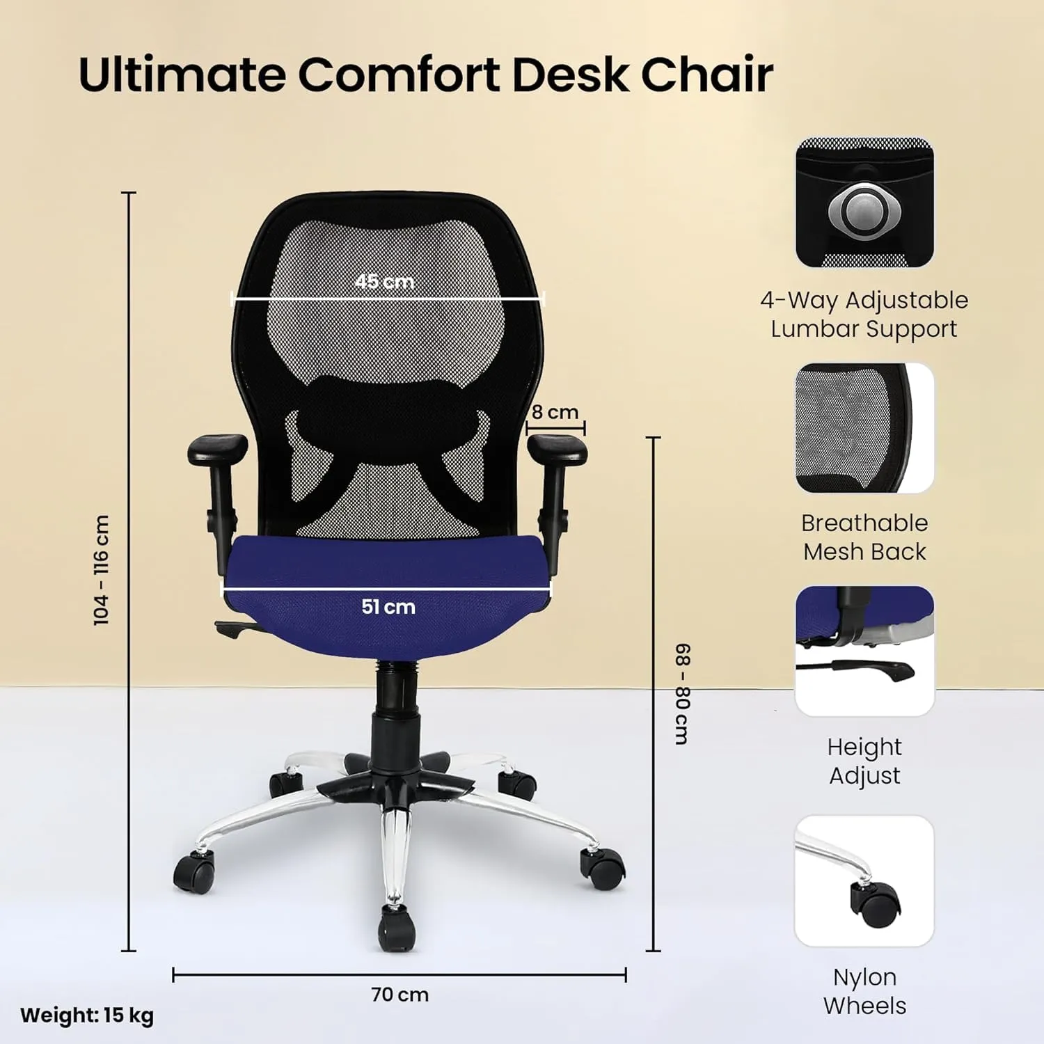 Kuber Industries Ergonomic Office Chairs for Work from Home | Comes with Manual Height Adjustable Armrest & 2D Lumbar Support | Comfy Study Chair for Students with Wheels | Black