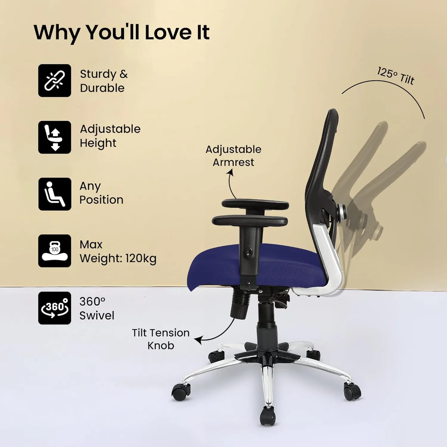 Kuber Industries Ergonomic Office Chairs for Work from Home | Comes with Manual Height Adjustable Armrest & 2D Lumbar Support | Comfy Study Chair for Students with Wheels | Black