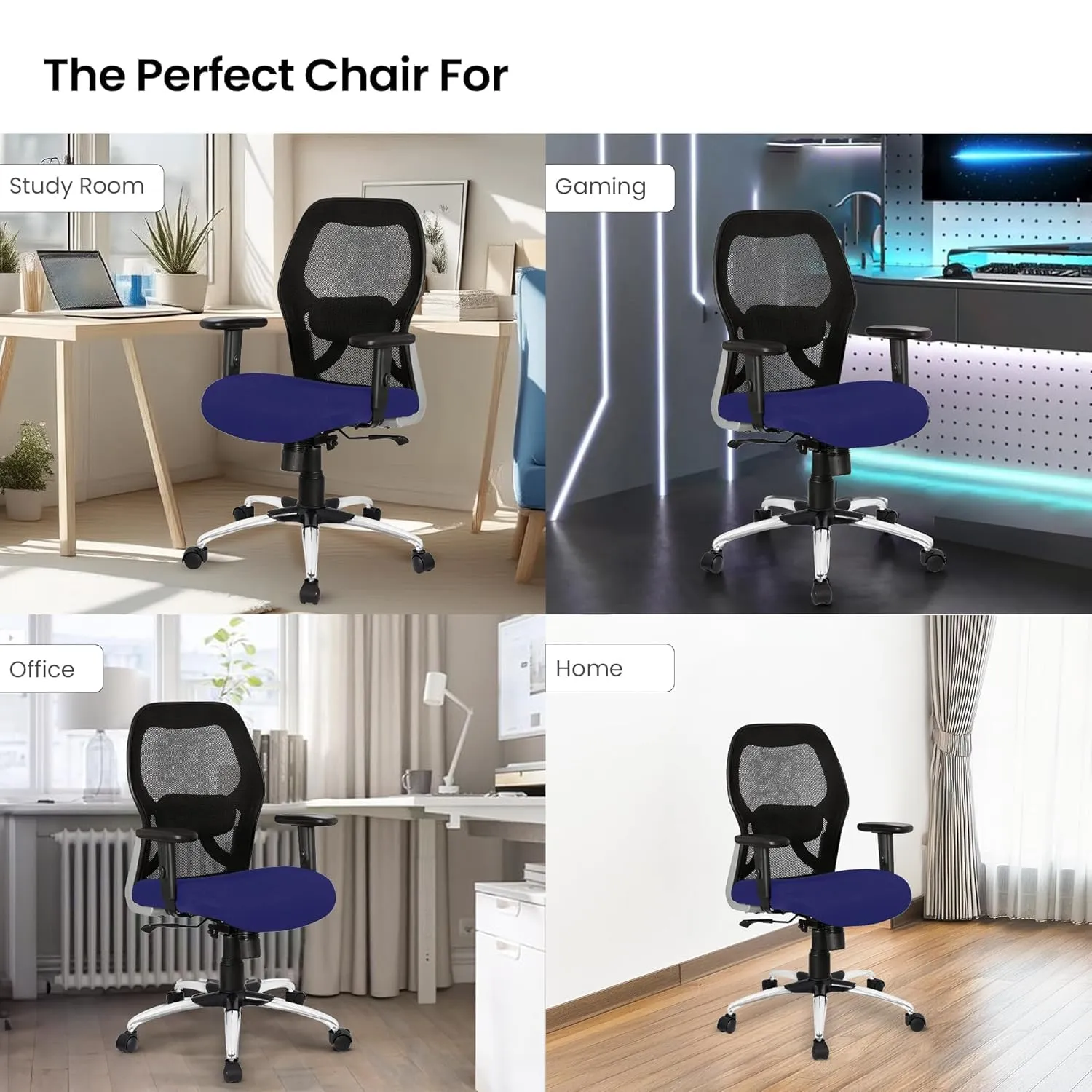 Kuber Industries Ergonomic Office Chairs for Work from Home | Comes with Manual Height Adjustable Armrest & 2D Lumbar Support | Comfy Study Chair for Students with Wheels | Black