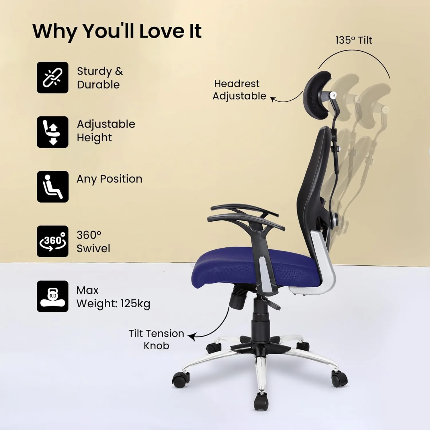 Kuber Industries Ergonomic Office Chairs for Work From Home | Comes with Manual Height Adjustable Armrest, Headrest & 2D Lumbar Support | Comfy Study Chair for Students with Wheels | Black & Blue Seat