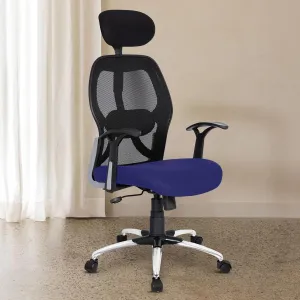 Kuber Industries Ergonomic Office Chairs for Work From Home | Comes with Manual Height Adjustable Armrest, Headrest & 2D Lumbar Support | Comfy Study Chair for Students with Wheels | Black & Blue Seat