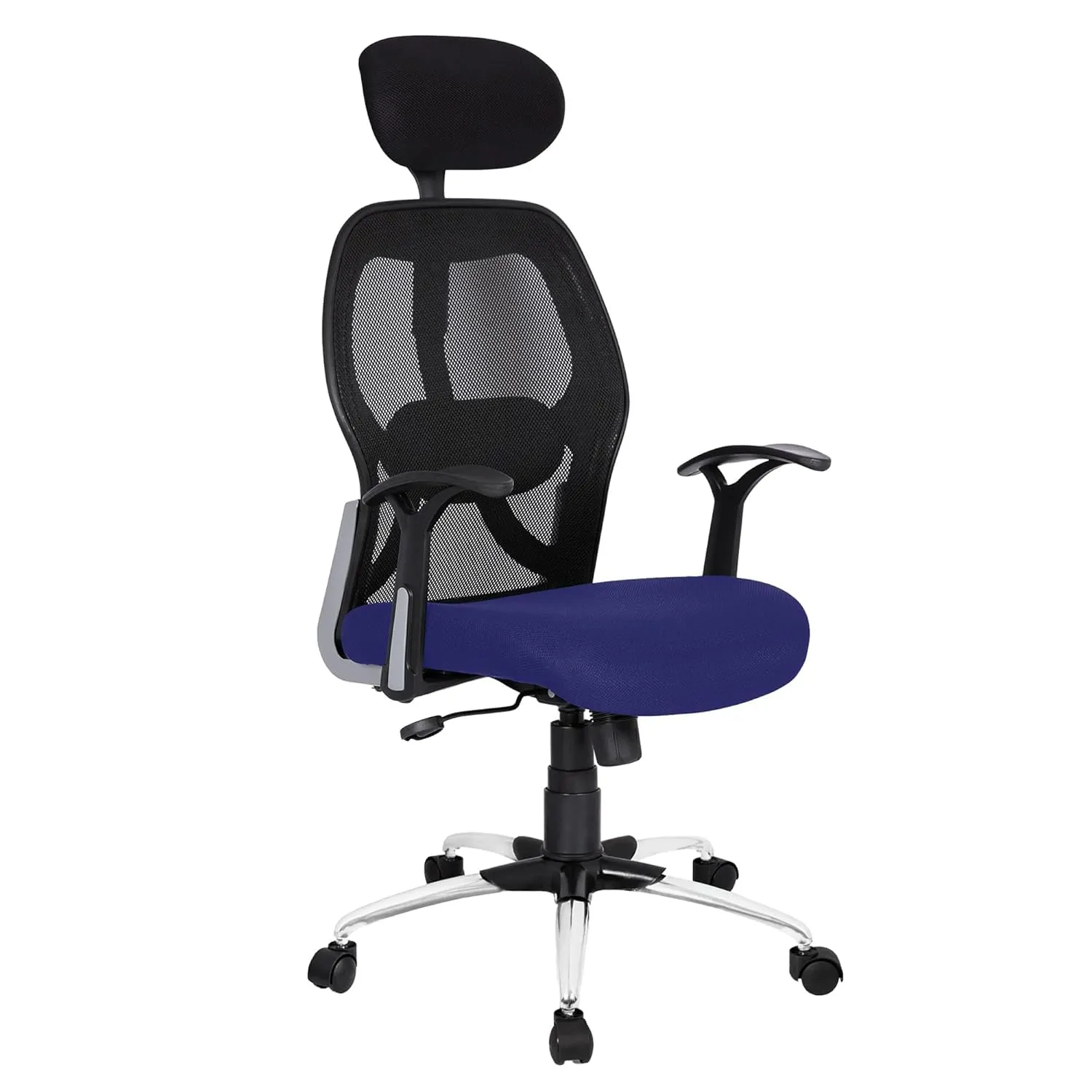 Kuber Industries Ergonomic Office Chairs for Work From Home | Comes with Manual Height Adjustable Armrest, Headrest & 2D Lumbar Support | Comfy Study Chair for Students with Wheels | Black & Blue Seat