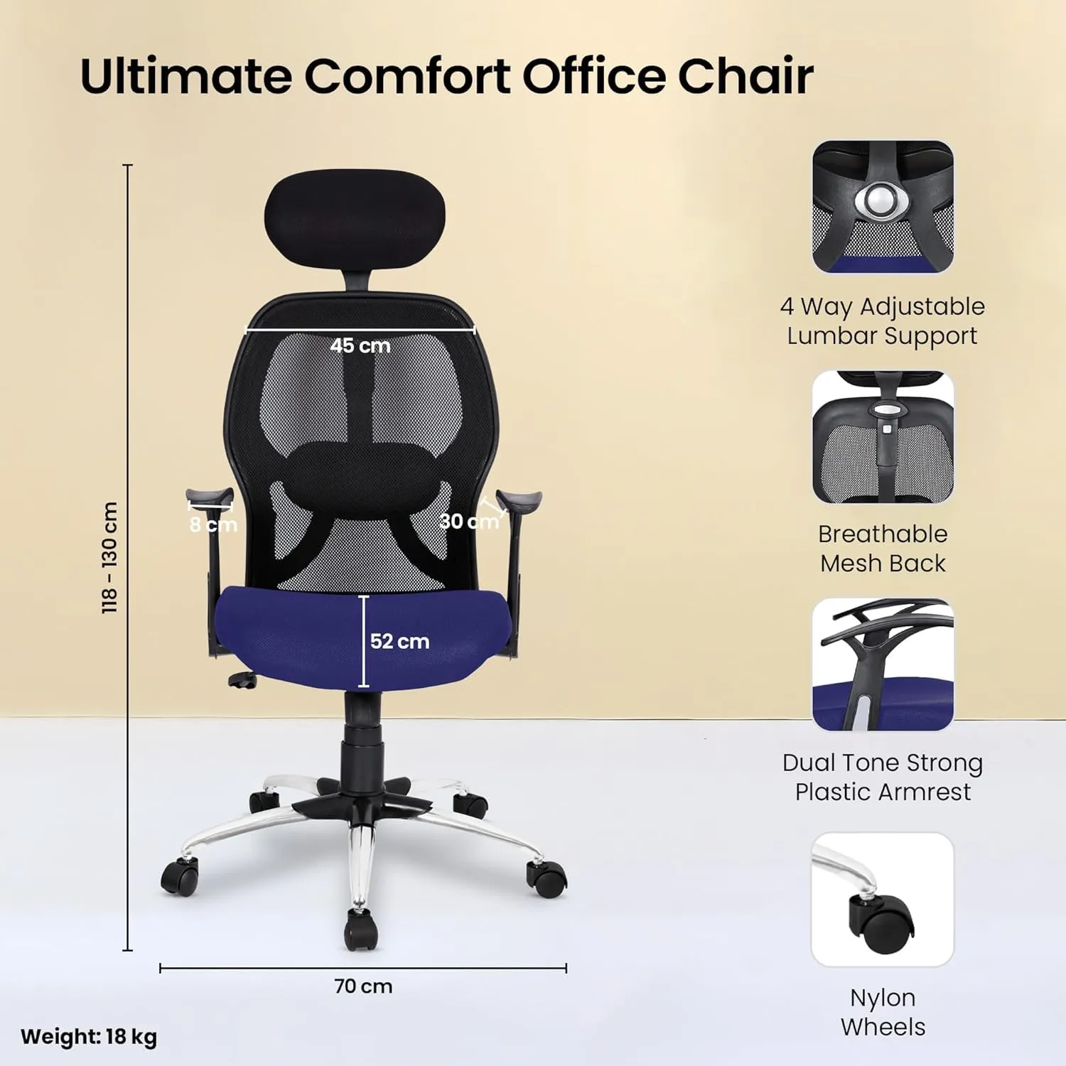 Kuber Industries Ergonomic Office Chairs for Work From Home | Comes with Manual Height Adjustable Armrest, Headrest & 2D Lumbar Support | Comfy Study Chair for Students with Wheels | Black & Blue Seat