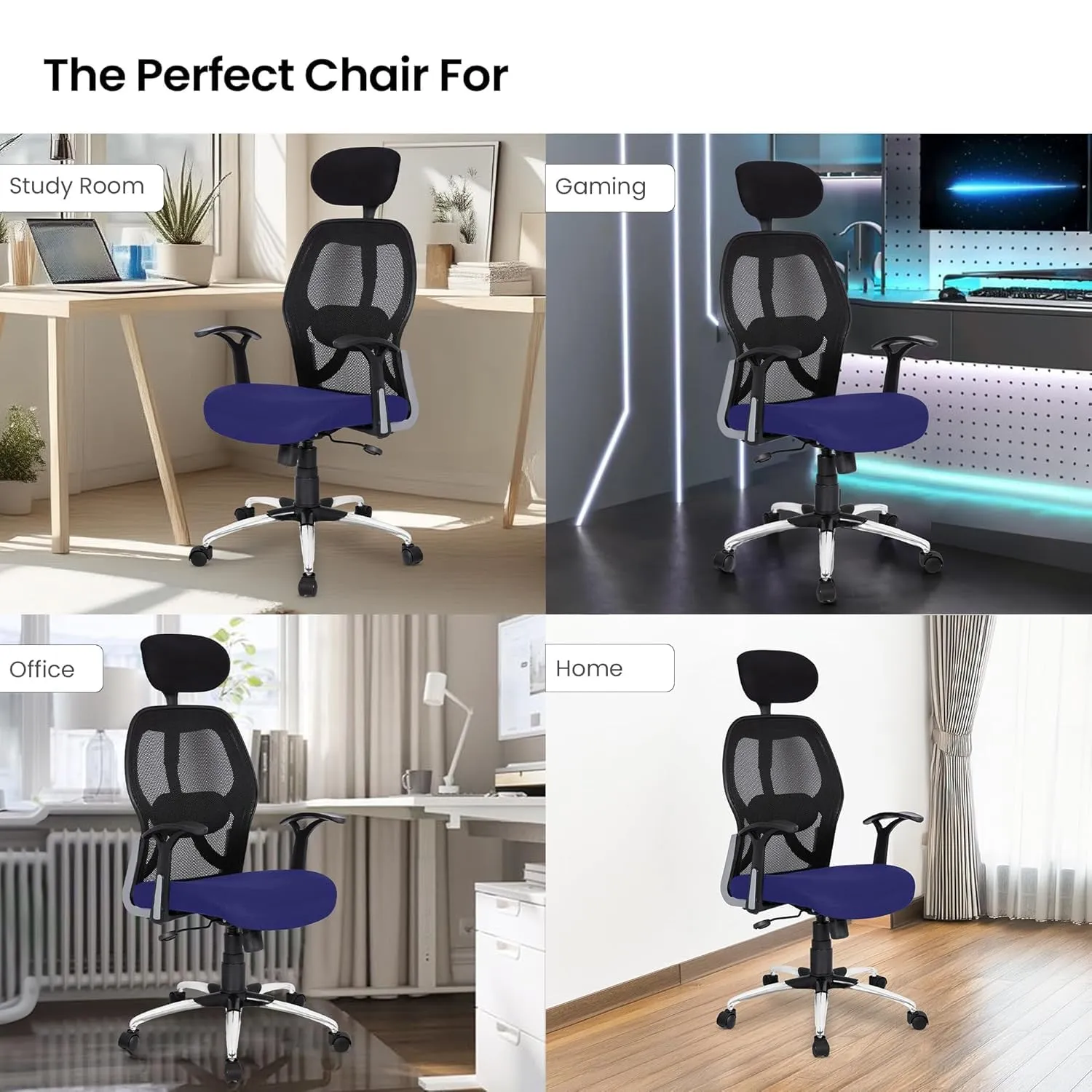 Kuber Industries Ergonomic Office Chairs for Work From Home | Comes with Manual Height Adjustable Armrest, Headrest & 2D Lumbar Support | Comfy Study Chair for Students with Wheels | Black & Blue Seat