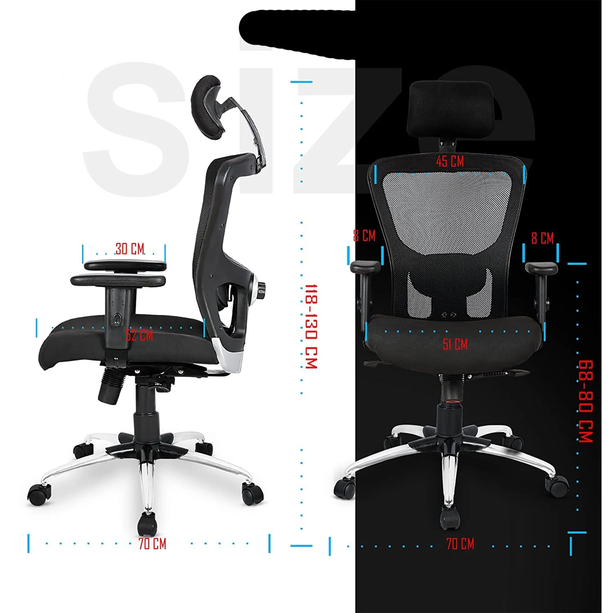 Kuber Industries Ergonomic Office Chairs for Work from Home | Comes with Manual Height Adjustable Armrest, Headrest & 2D Lumbar Support | Comfy Study Chair for Students with Wheels | Black