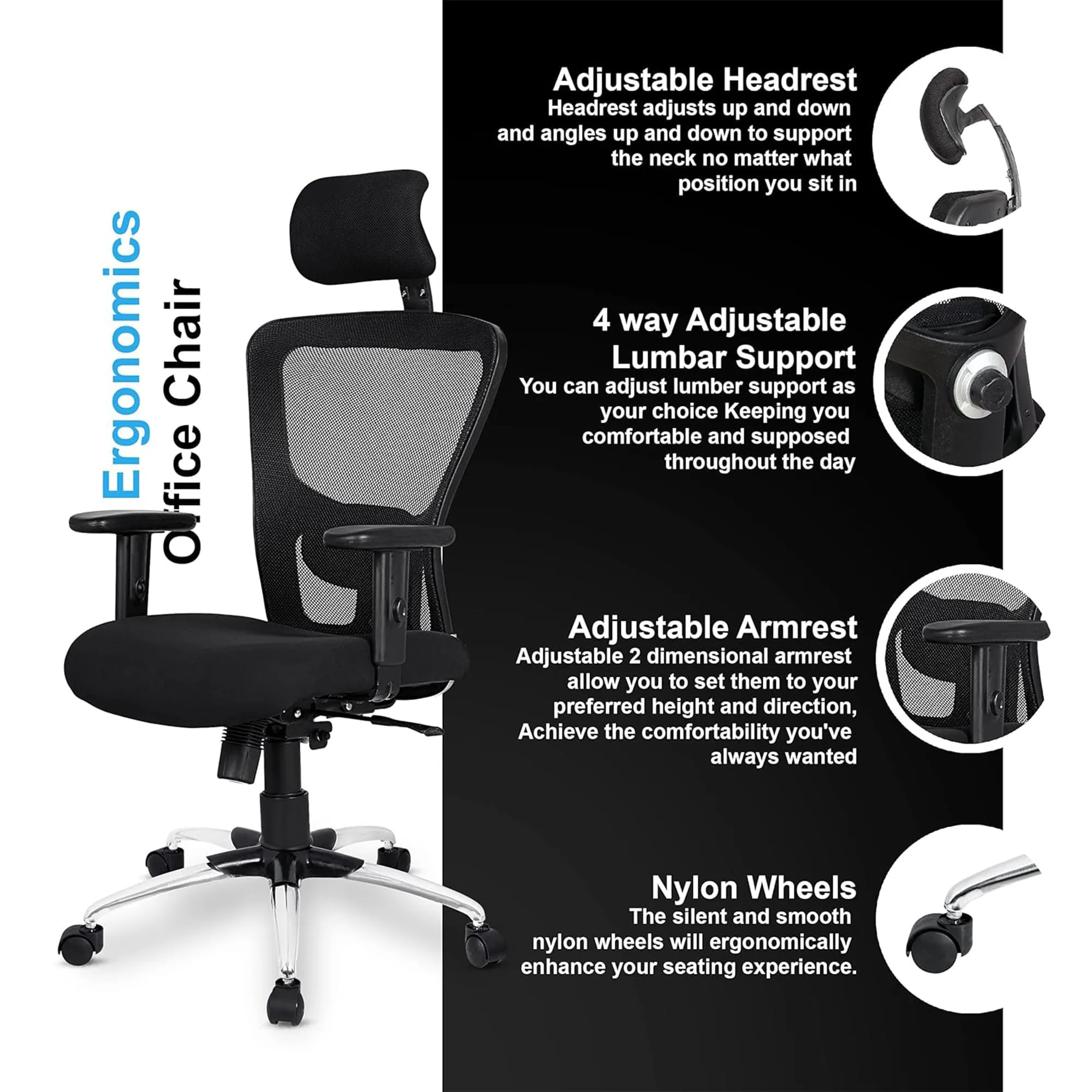 Kuber Industries Ergonomic Office Chairs for Work from Home | Comes with Manual Height Adjustable Armrest, Headrest & 2D Lumbar Support | Comfy Study Chair for Students with Wheels | Black